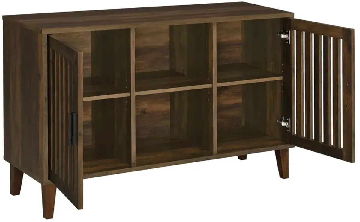 47 Inch Accent Cabinet, Slatted Design, 2 Shelves, Brown and Black Finish - Benzara