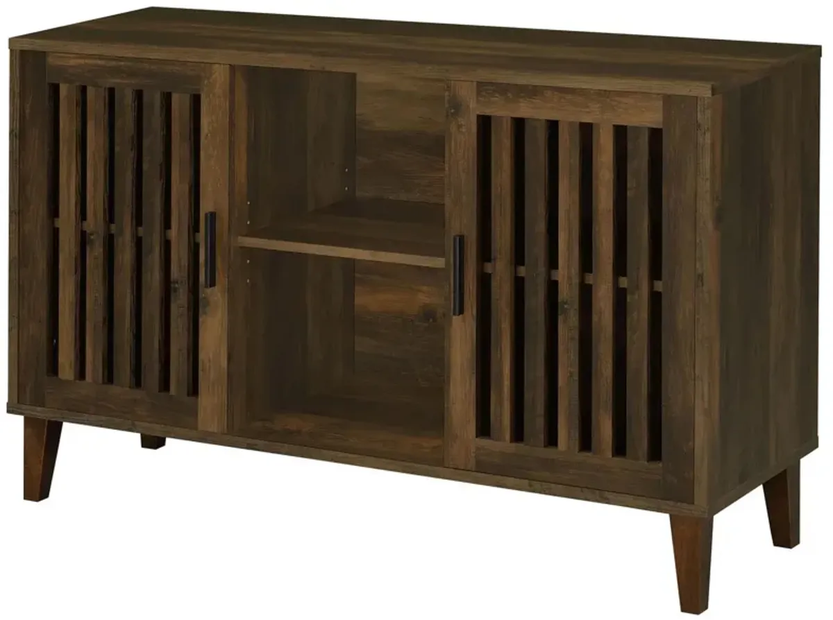 47 Inch Accent Cabinet, Slatted Design, 2 Shelves, Brown and Black Finish - Benzara