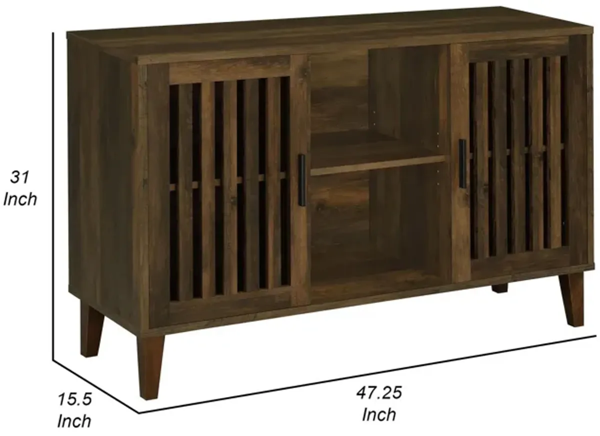 47 Inch Accent Cabinet, Slatted Design, 2 Shelves, Brown and Black Finish - Benzara