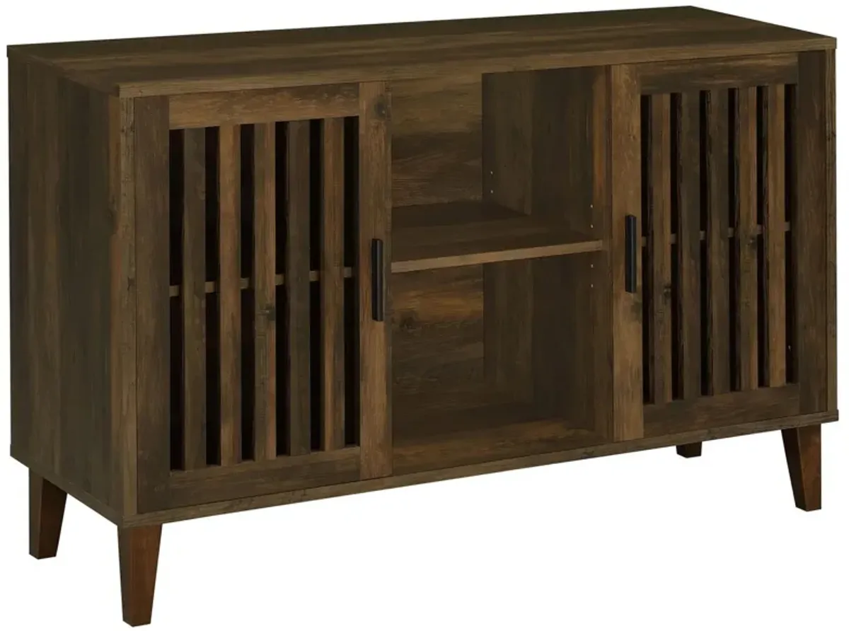 47 Inch Accent Cabinet, Slatted Design, 2 Shelves, Brown and Black Finish - Benzara