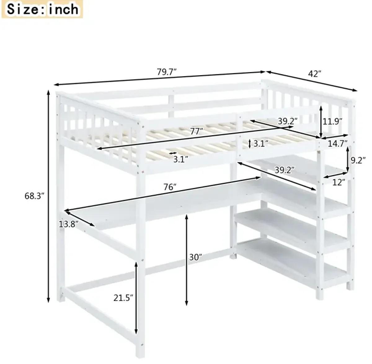 Twin Size Loft Bed With Storage Shelves And Under-Bed Desk