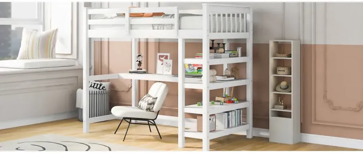 Twin Size Loft Bed With Storage Shelves And Under-Bed Desk