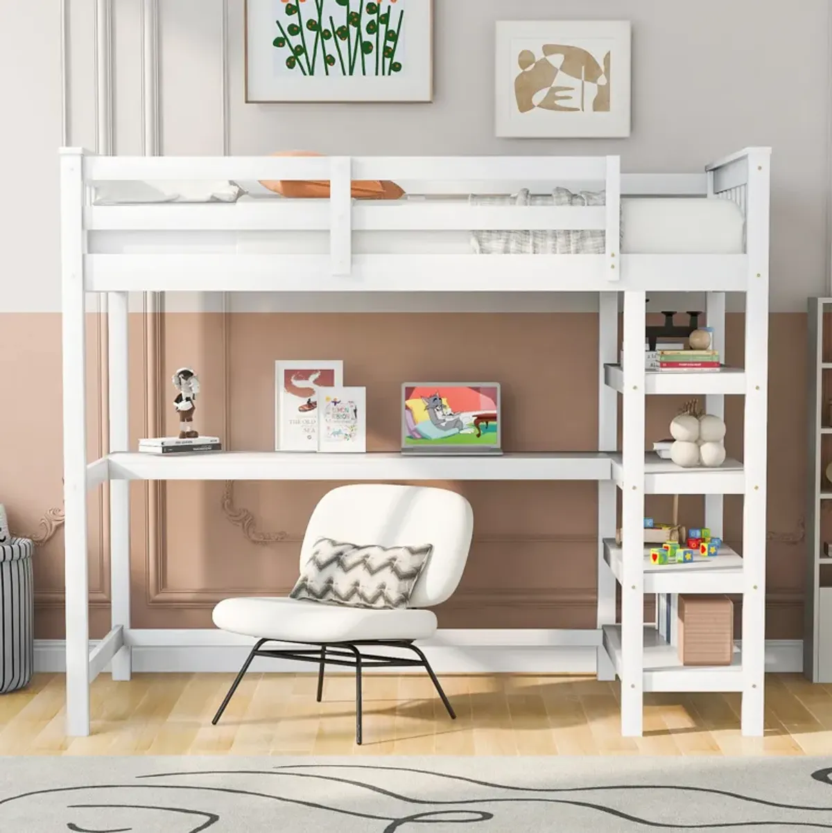 Twin Size Loft Bed With Storage Shelves And Under-Bed Desk