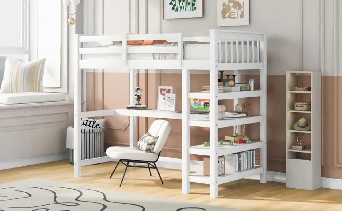 Twin Size Loft Bed With Storage Shelves And Under-Bed Desk