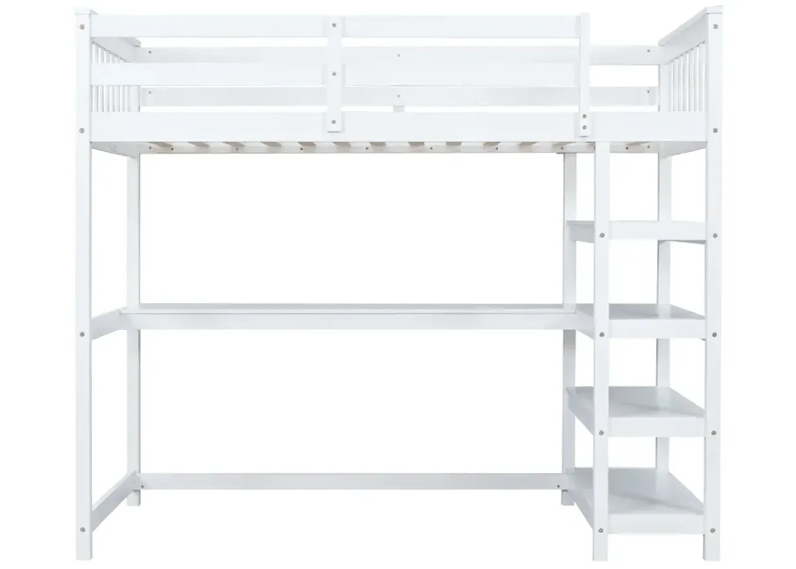 Twin Size Loft Bed With Storage Shelves And Under-Bed Desk