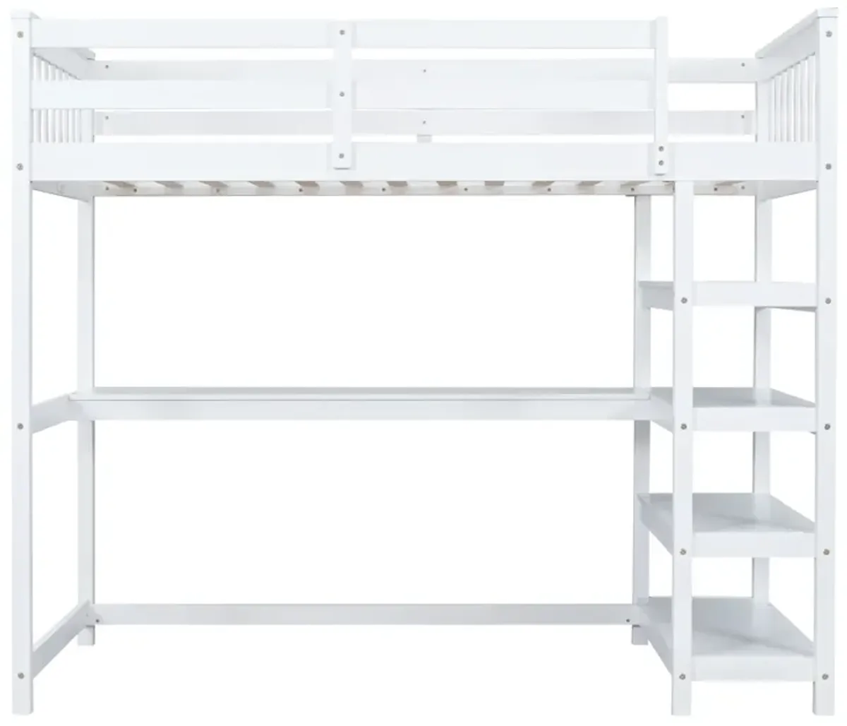 Twin Size Loft Bed With Storage Shelves And Under-Bed Desk