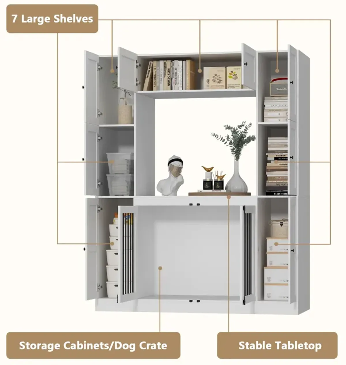 Dog House Storage Cabinet Bookshelf Furniture Style, Indoor Wood Dog Crate Bookcase with 7 Large Shelves, White