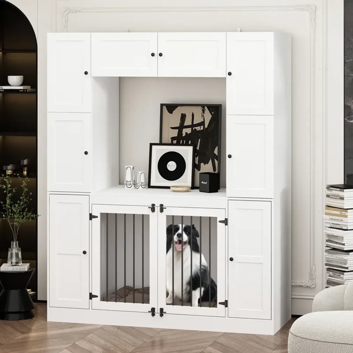 Dog House Storage Cabinet Bookshelf Furniture Style, Indoor Wood Dog Crate Bookcase with 7 Large Shelves, White