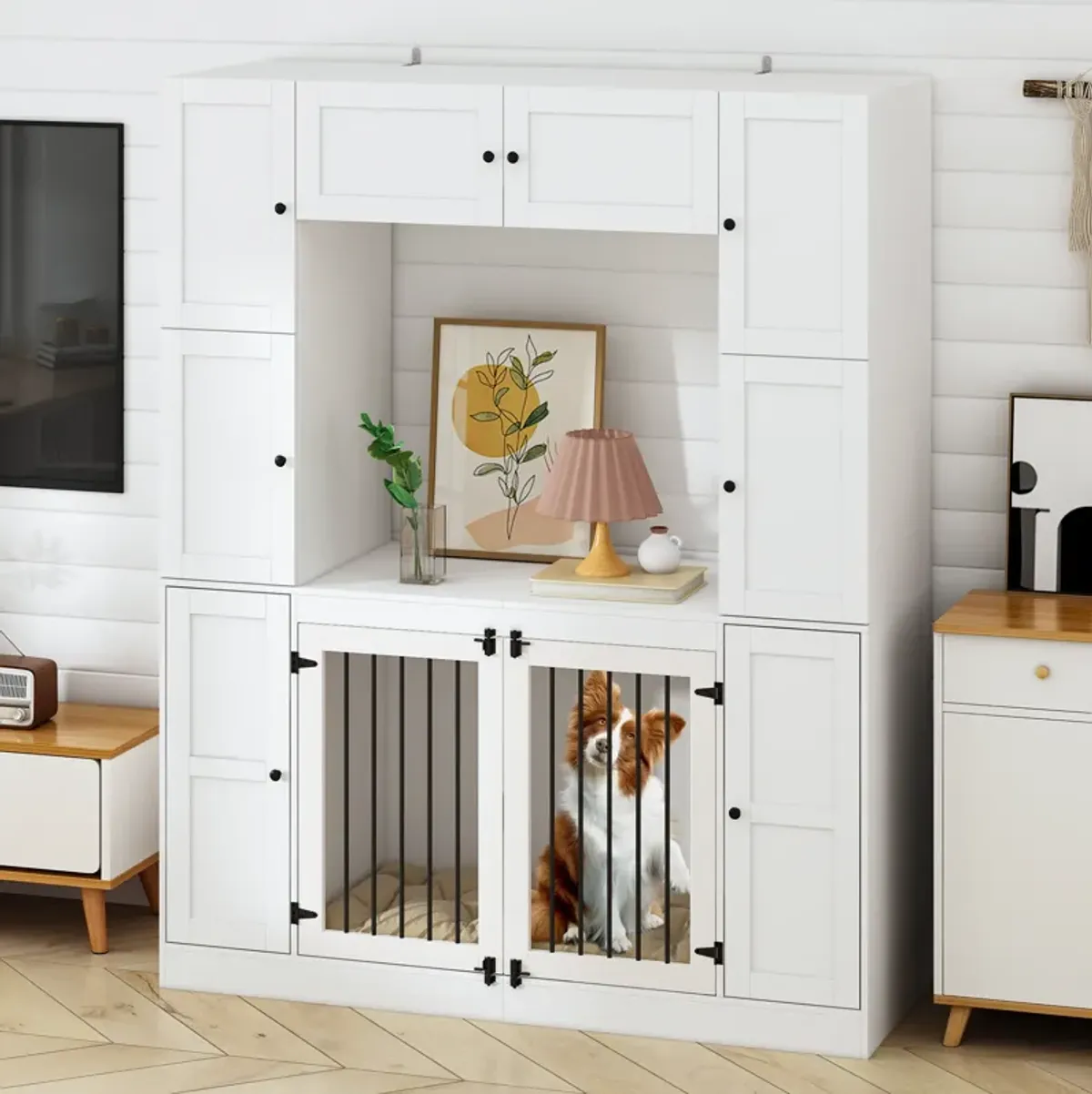 Dog House Storage Cabinet Bookshelf Furniture Style, Indoor Wood Dog Crate Bookcase with 7 Large Shelves, White