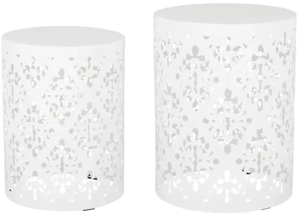 Kemo Outdoor End Table Set of 2, Round Top, Cutout Design, White Iron - Benzara