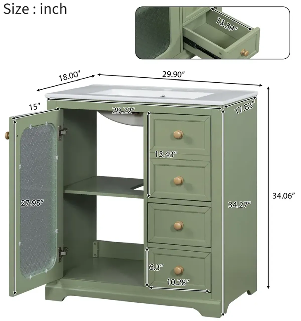 Gewnee 30-inch bathroom vanity with a soft close glass door, adjustable shelves, and three drawers