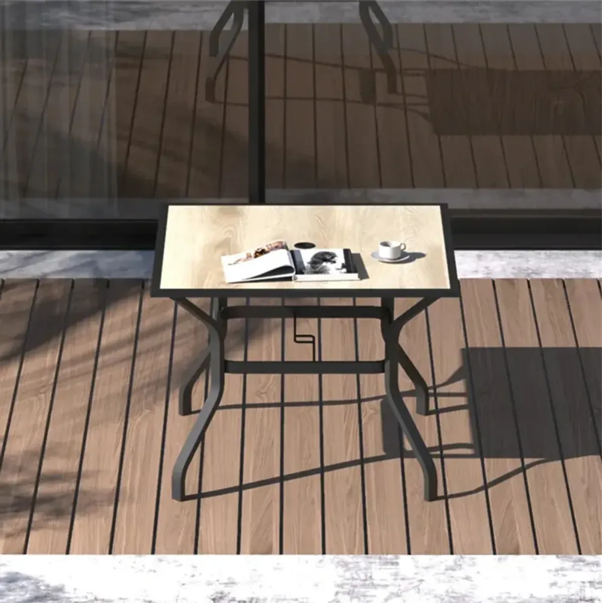 Square Metal Patio Table with Umbrella Hole & Wood-Look Top