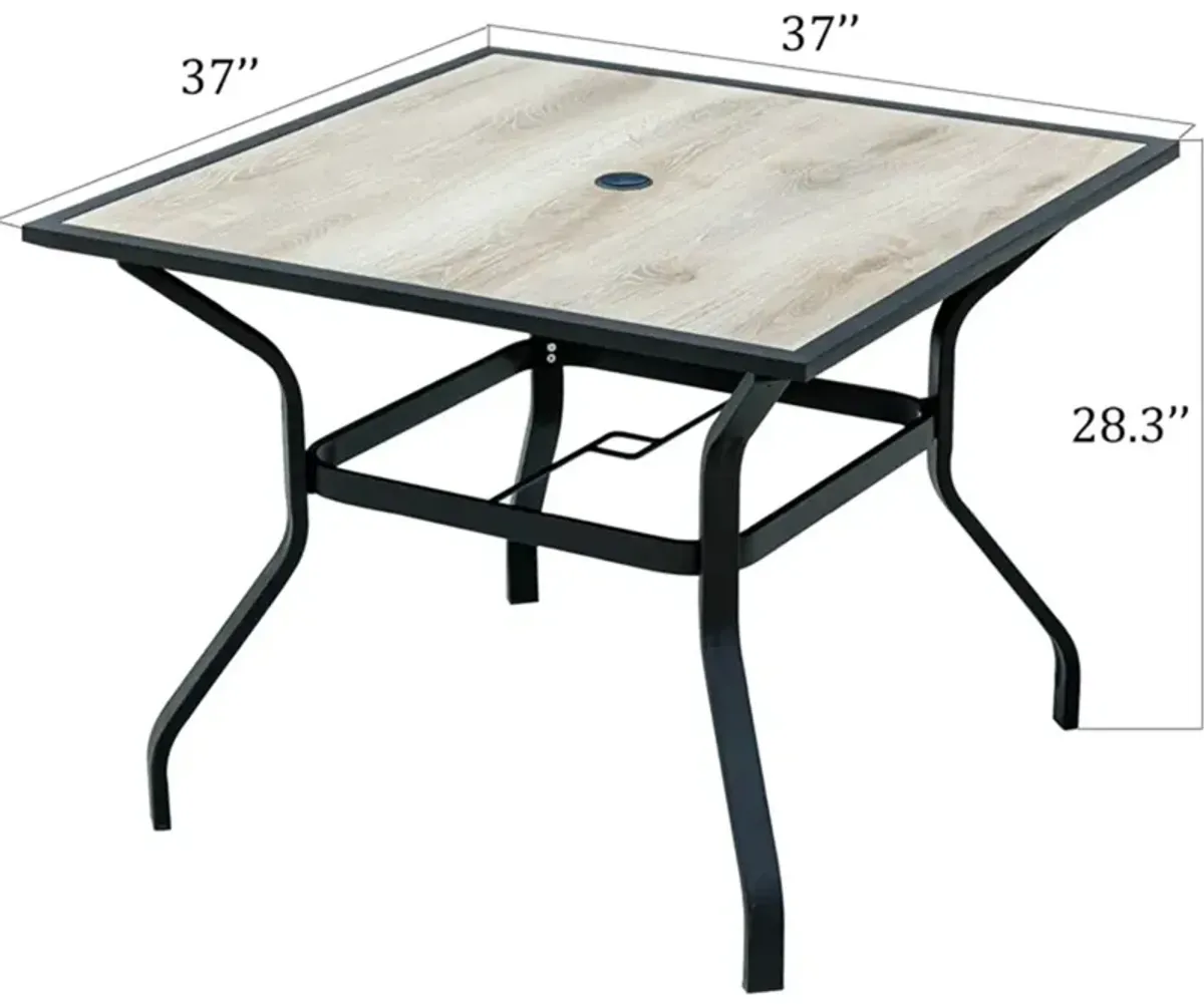 Square Metal Patio Table with Umbrella Hole & Wood-Look Top