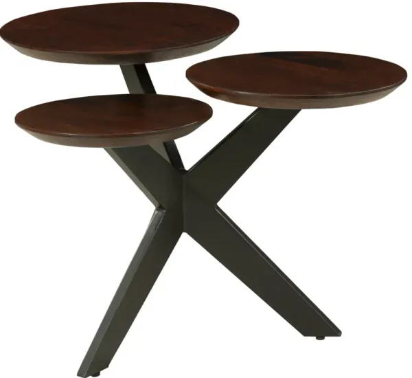 Modern Coffee Table with 3 Tier Wooden Top and Boomerang Legs, Brown and Black-Benzara