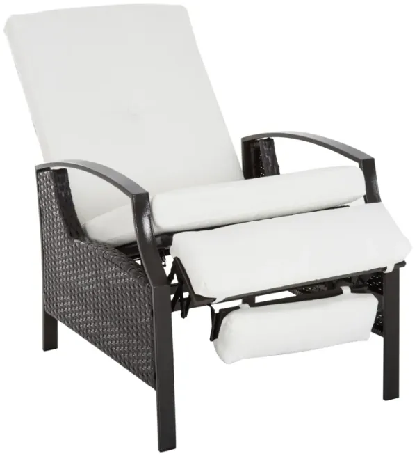 Outsunny Outdoor Recliner Chair, Reclining Patio Lounge Chair with Comfy Cushions, Footrest, Armrests, PE Wicker for Balcony, Porch, Dark Brown, Cream White