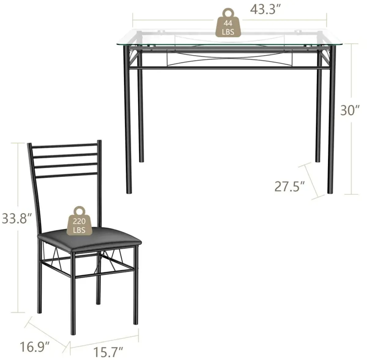 5 Pieces Dining Set with Tempered Glass Top Table and 4 Upholstered Chairs