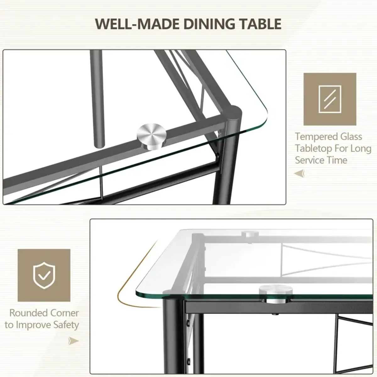 5 Pieces Dining Set with Tempered Glass Top Table and 4 Upholstered Chairs