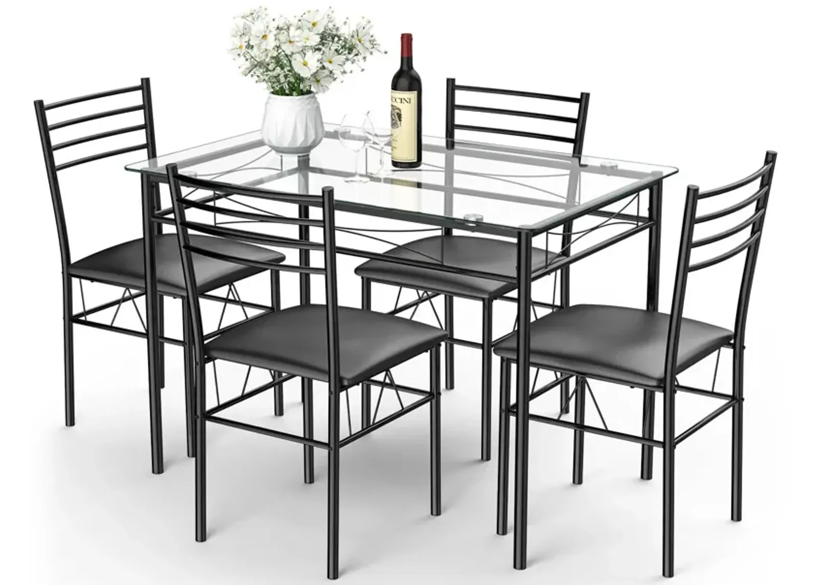 5 Pieces Dining Set with Tempered Glass Top Table and 4 Upholstered Chairs