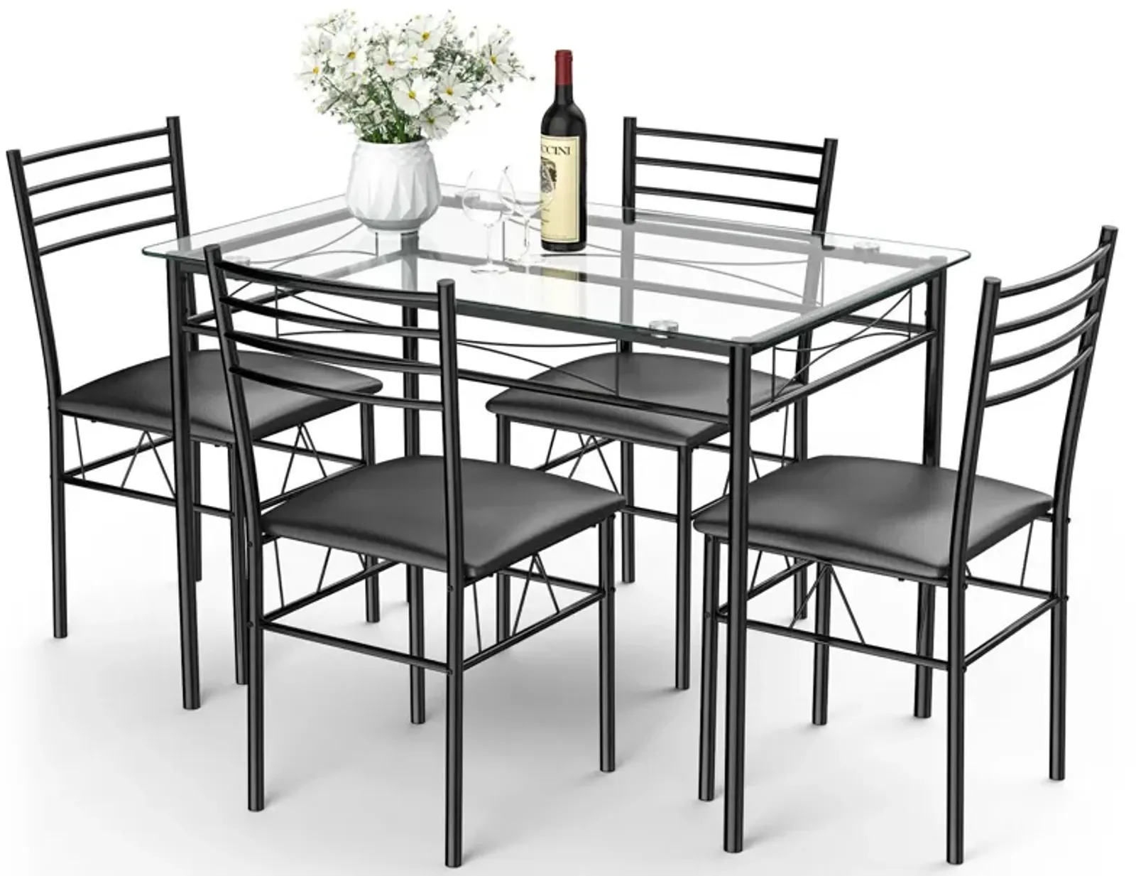 5 Pieces Dining Set with Tempered Glass Top Table and 4 Upholstered Chairs