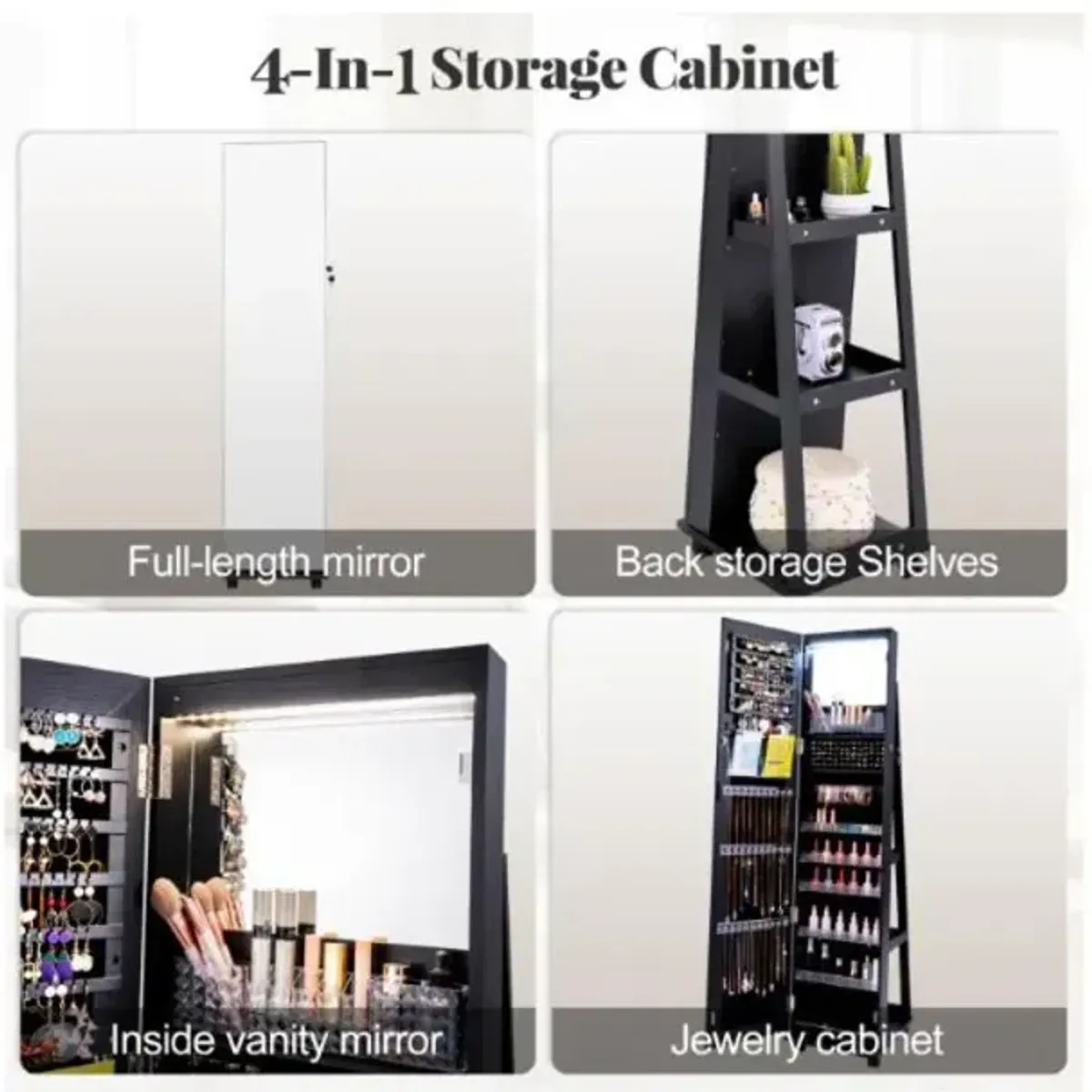 Hivvago 64 Inches Lockable Jewelry Cabinet Armoire with Built-in Makeup Mirror