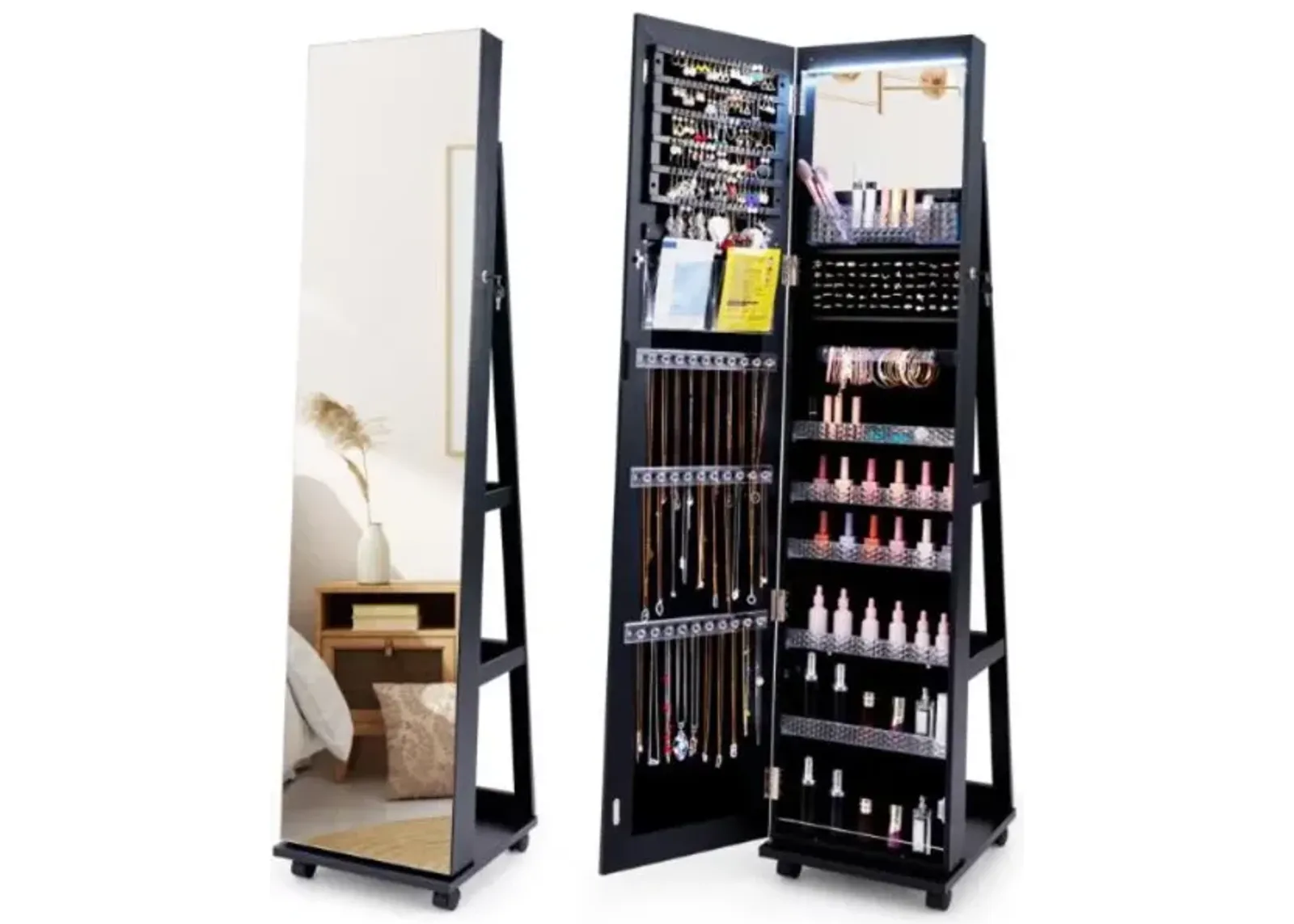 Hivvago 64 Inches Lockable Jewelry Cabinet Armoire with Built-in Makeup Mirror