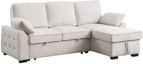 Ken 91 Inch Sectional Sofa, Drop Table, Storage Chaise, Soft Beige Chenille - Benzara