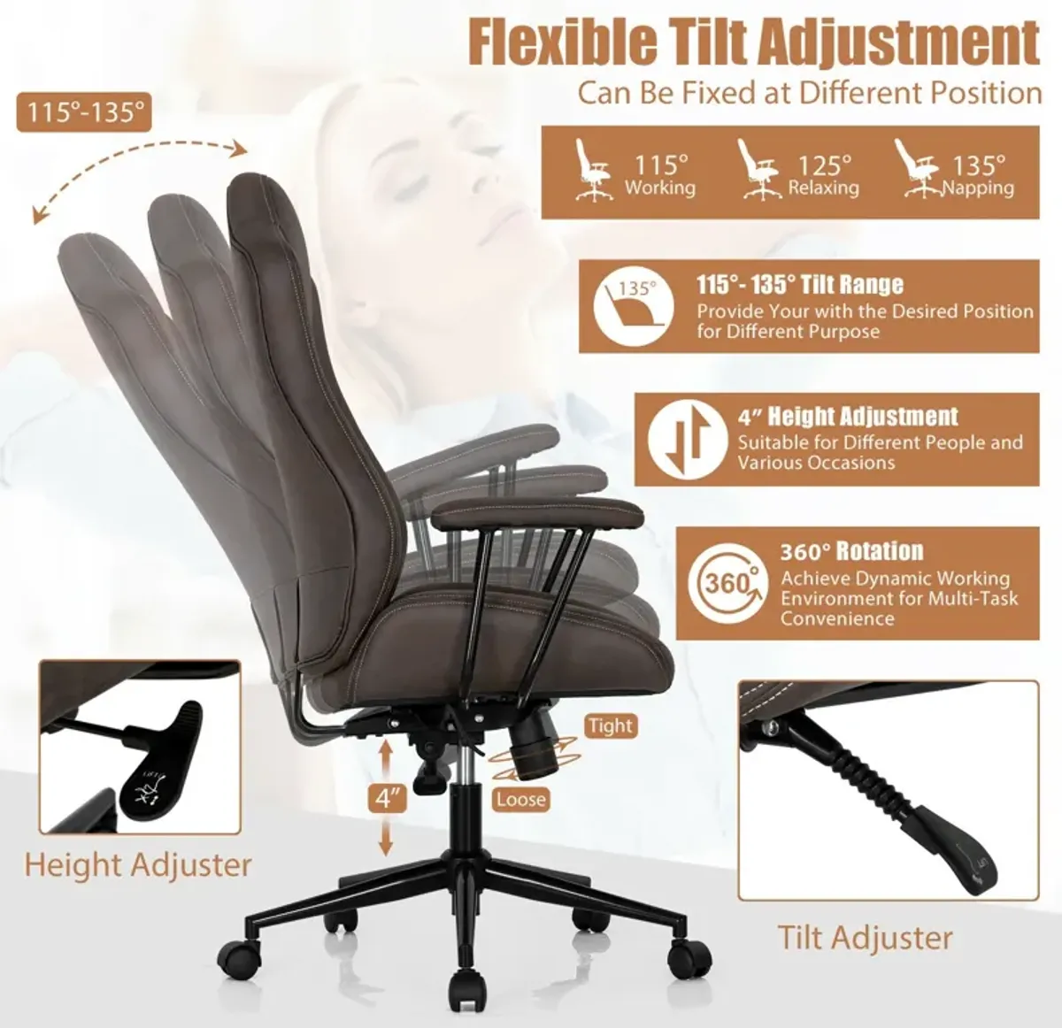 High Adjustable Back Executive Office Chair with Armrest-Brown