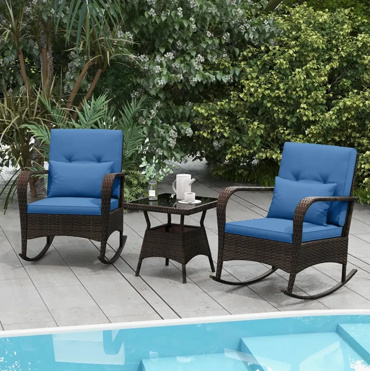 3 Piece Outdoor Rocking Set with Tempered Glass Coffee Table for Backyard Poolside