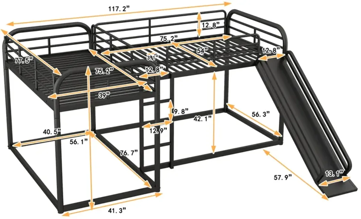 Full And Twin Size L-Shaped Bunk Bed With Slide And Short Ladder