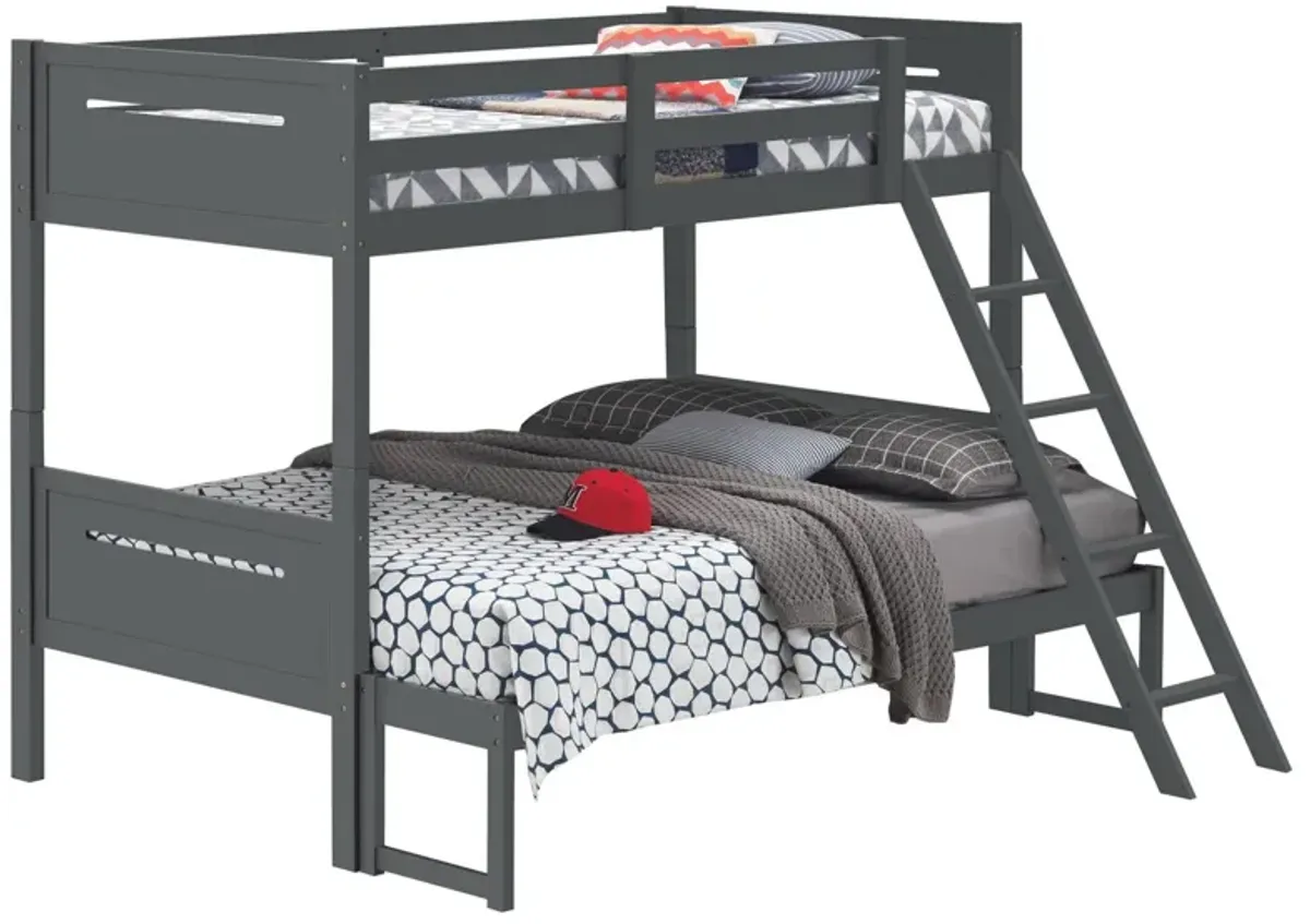 Amey Twin over Full Bunk Bed, Guard Rails, Attached Ladder, Gray Wood - Benzara