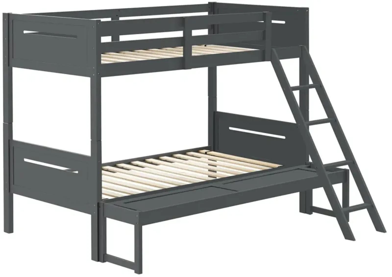 Amey Twin over Full Bunk Bed, Guard Rails, Attached Ladder, Gray Wood - Benzara