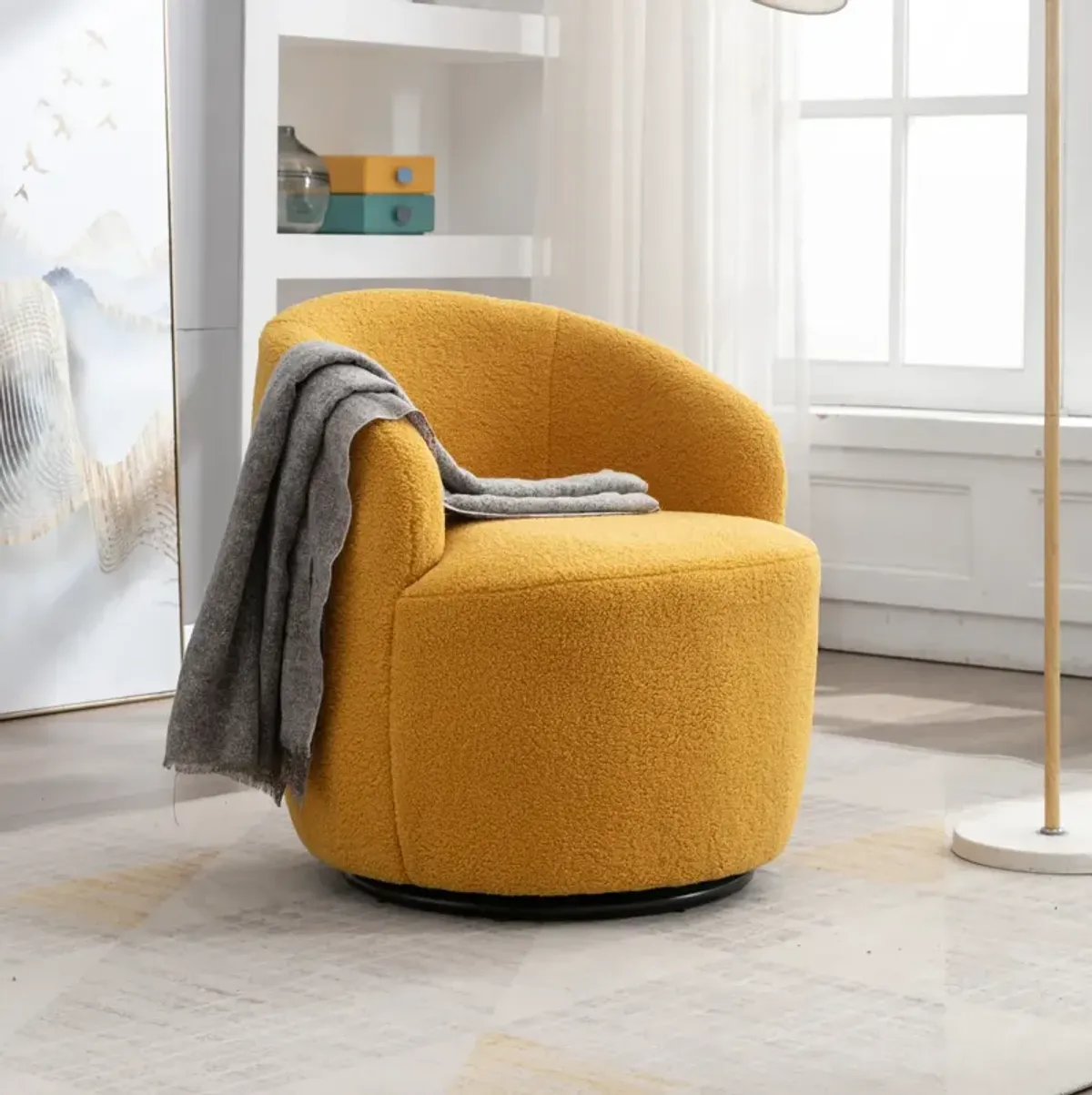 Teddy Fabric Swivel Accent Armchair Barrel Chair With Powder Coating Metal Ring