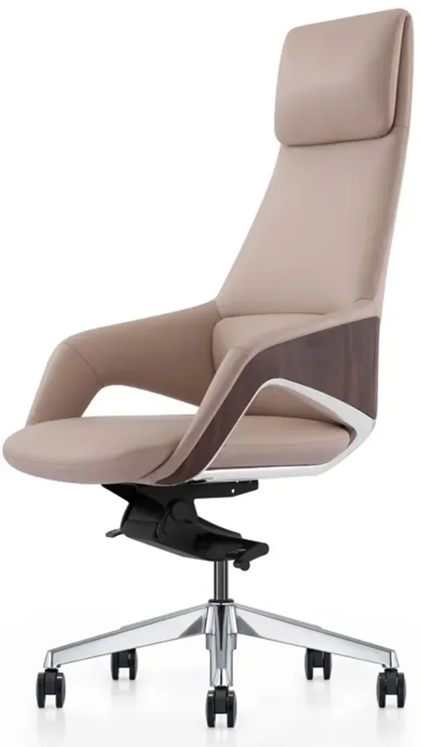 Akon Office Recliner Chair, Adjustable Height, Swivel, Lux Beige Leather - Benzara