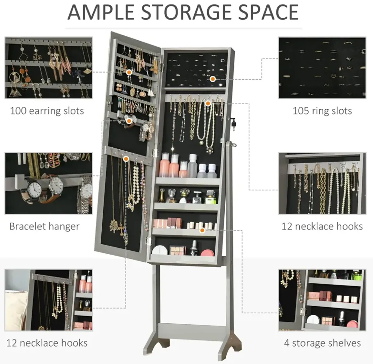 Grey Jewelry Storage: Lockable Cabinet with Full-Length Mirror