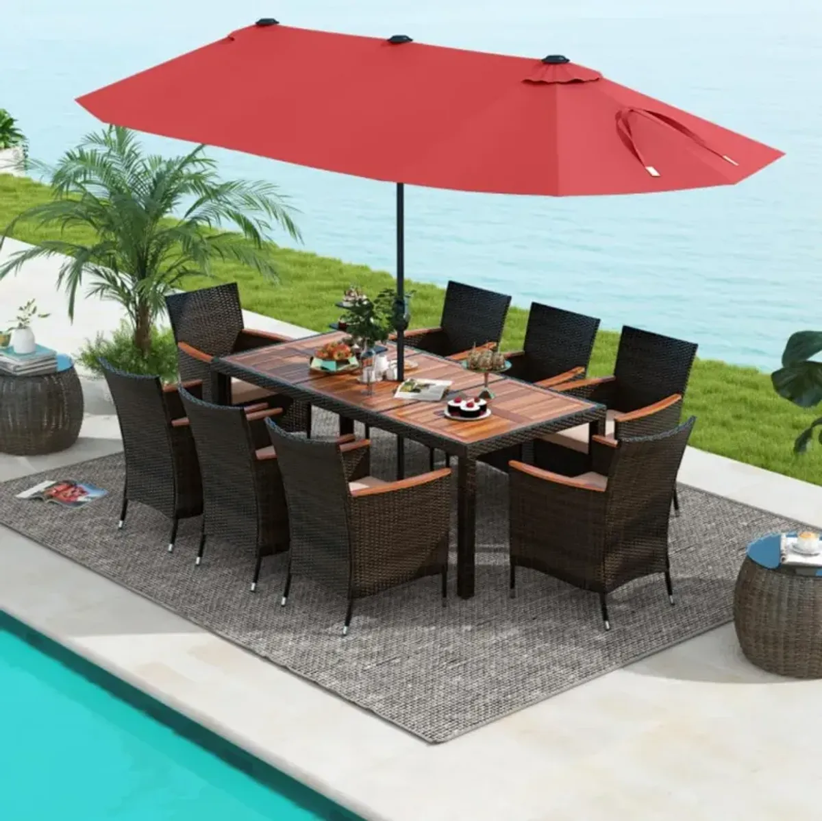 Hivvago 10 Piece Outdoor Dining Set with 15 Feet Double-Sided Twin Patio Umbrella