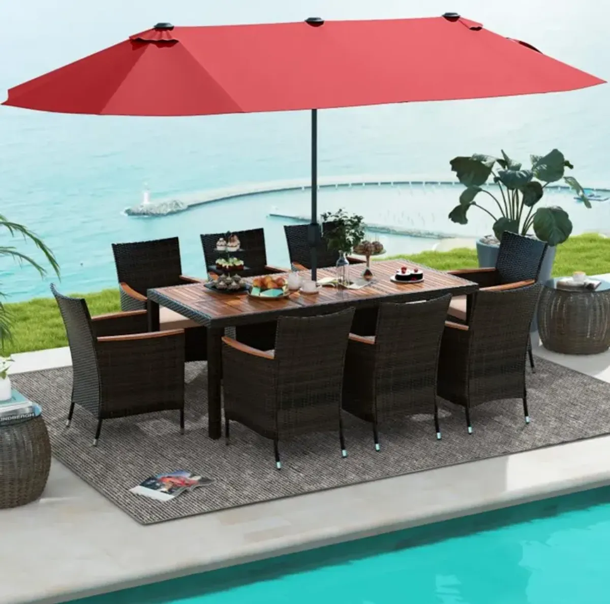 Hivvago 10 Piece Outdoor Dining Set with 15 Feet Double-Sided Twin Patio Umbrella