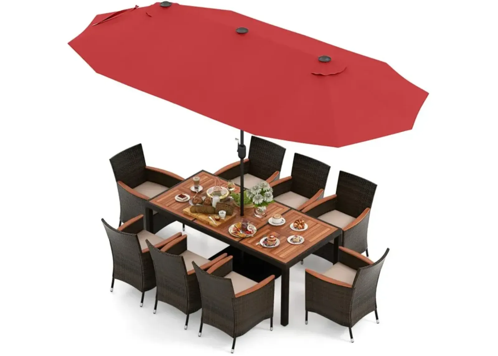 Hivvago 10 Piece Outdoor Dining Set with 15 Feet Double-Sided Twin Patio Umbrella