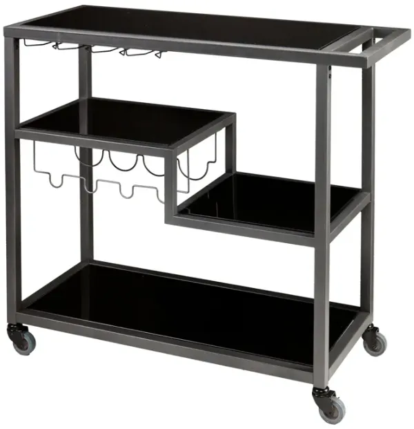 40 Inch Modern Metal Bar Cart With 4 Tier Tempered Glass Shelves, Black-Benzara