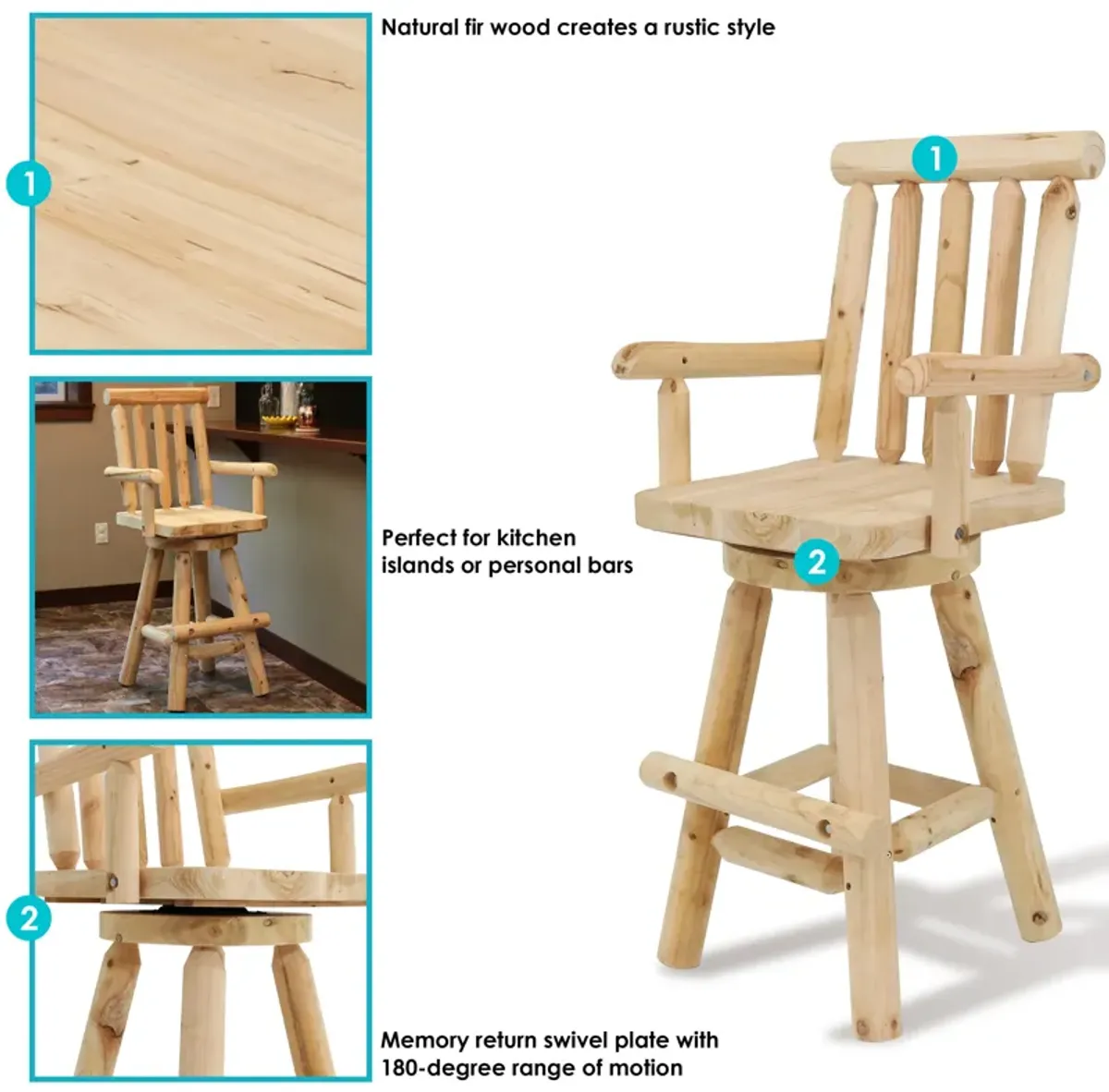 Sunnydaze Rustic Log Style Unfinished Fir Wood Indoor Bar Stool