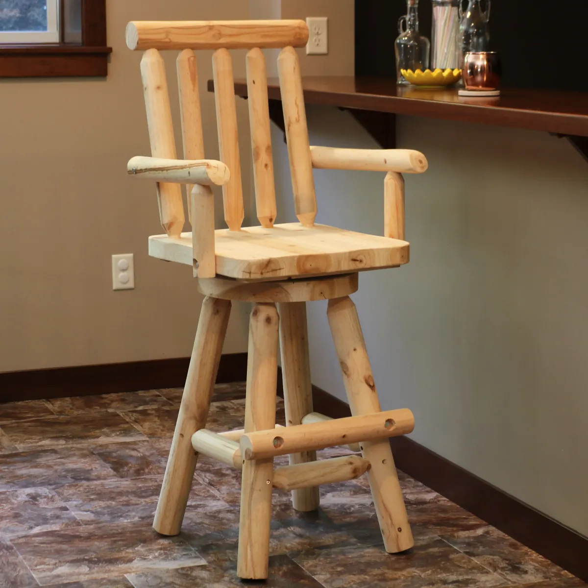 Sunnydaze Rustic Log Style Unfinished Fir Wood Indoor Bar Stool