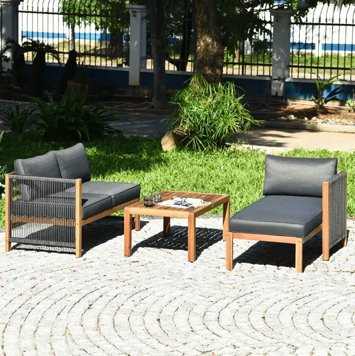 3 Pieces Patio Acacia Wood Sofa Furniture Set with Nylon Rope Armrest