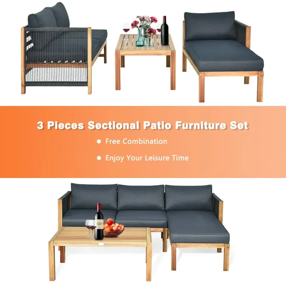 3 Pieces Patio Acacia Wood Sofa Furniture Set with Nylon Rope Armrest