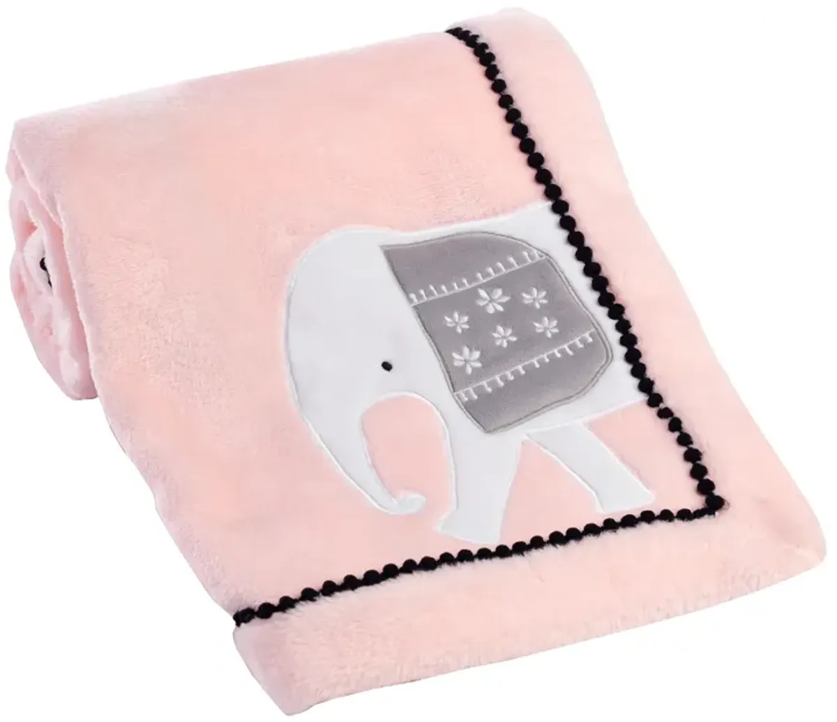 Lambs & Ivy Happy Jungle Pink Elephant Fleece Baby Blanket w/ Pom Pom Trim