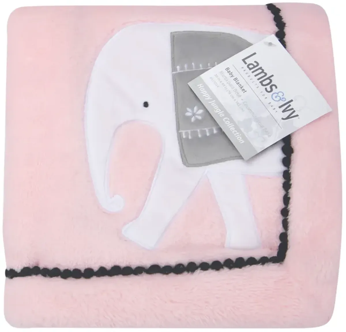 Lambs & Ivy Happy Jungle Pink Elephant Fleece Baby Blanket w/ Pom Pom Trim