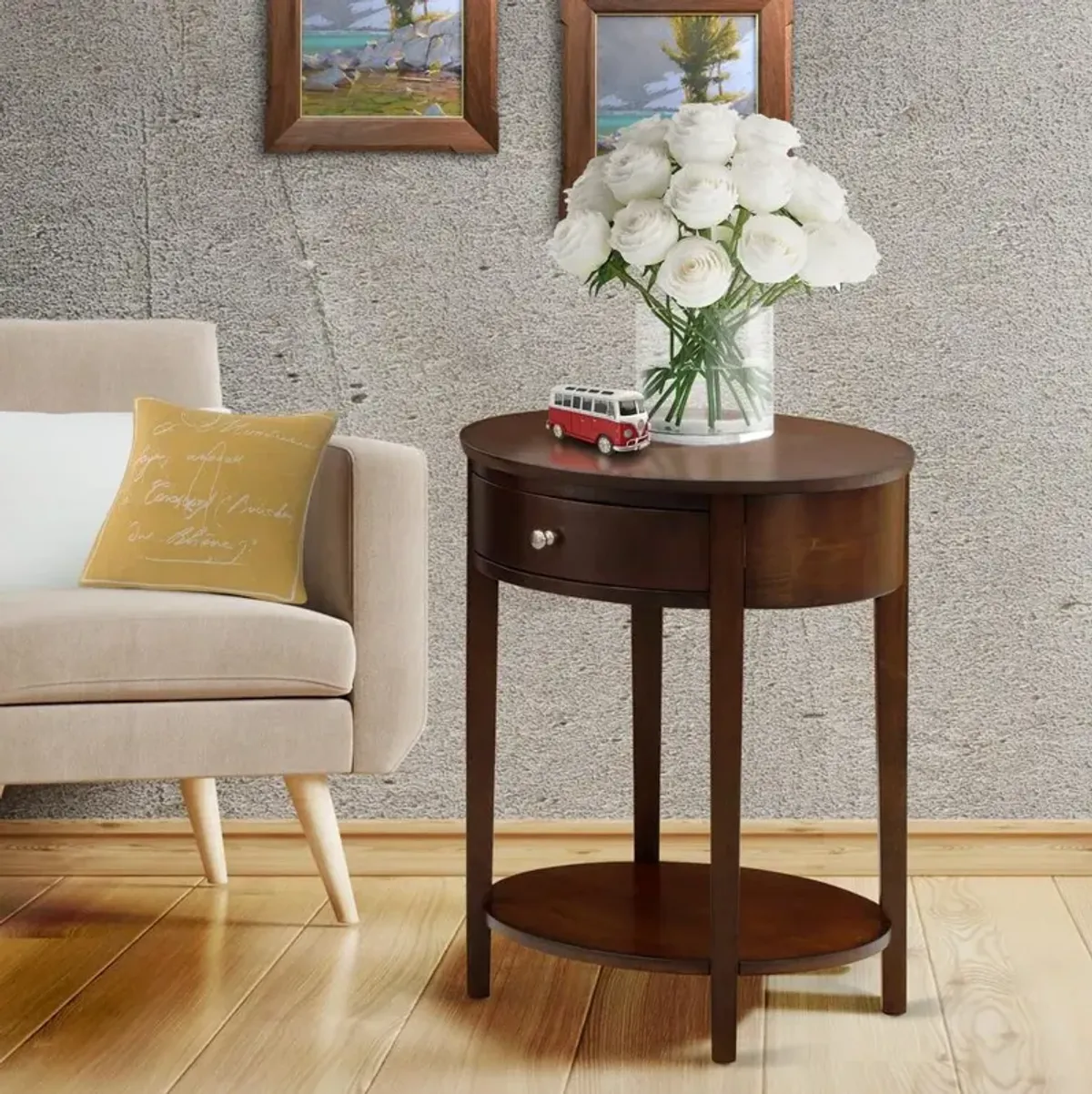 Wood End Table with 1 Mid Century Modern Drawer, Stable and Sturdy Constructed - Antique Mahogany Finish