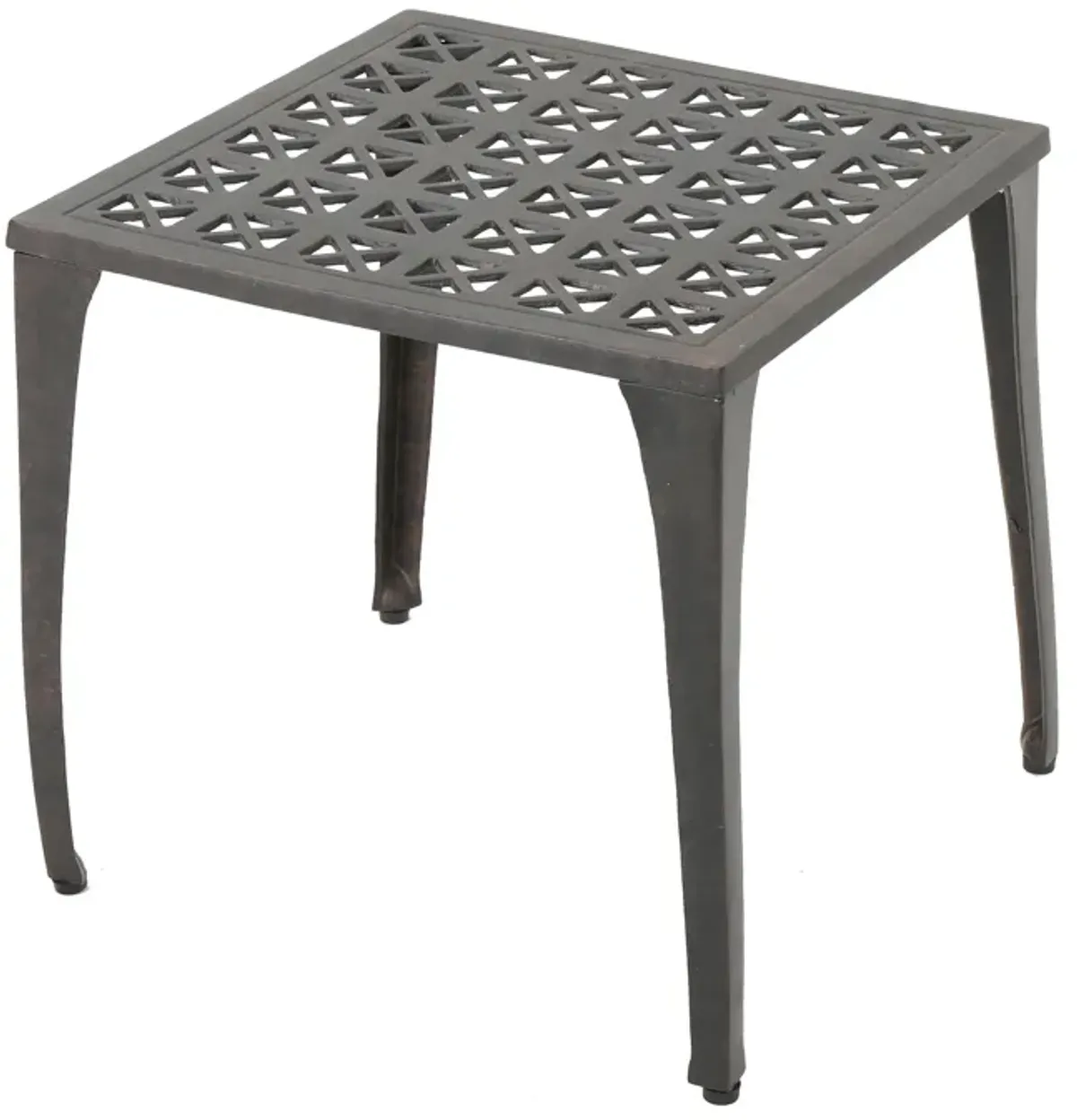 Outdoor Side Table, Open Cut Out Top and Curved Legs, 18 Inch Bronze - Benzara