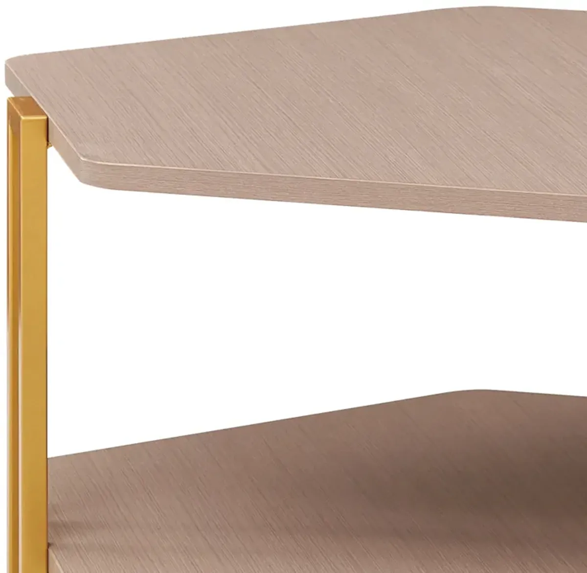 36 Inch Hexagonal Modern Coffee Table, Wood Top and Shelf, Gold Metal Legs-Benzara