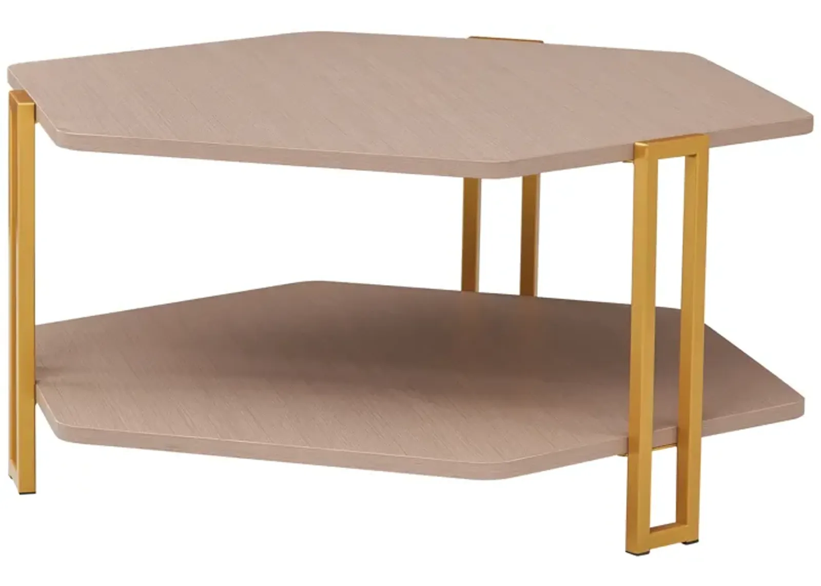 36 Inch Hexagonal Modern Coffee Table, Wood Top and Shelf, Gold Metal Legs-Benzara