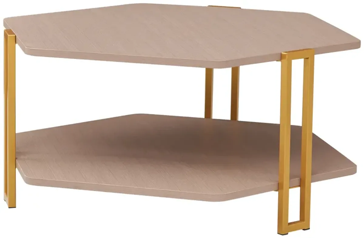 36 Inch Hexagonal Modern Coffee Table, Wood Top and Shelf, Gold Metal Legs-Benzara