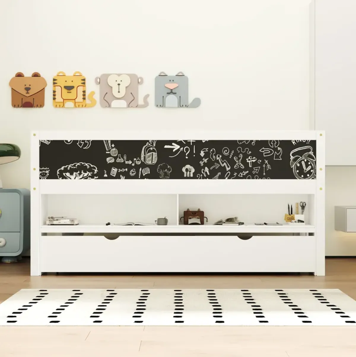 Merax Low Loft Bed with Storage Shelves and Trundl